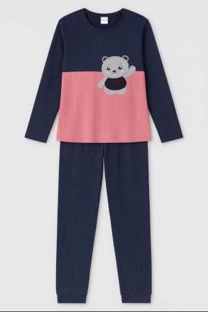 Pijamale - Pijama groasă din bumbac cu ursuleț – set 2 piese bleumarin‑roz