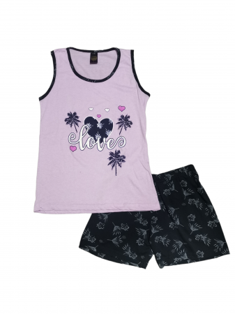 Femei - Pijama dama din bumbac maiou si pantalon scurt, mov cu imprimeu