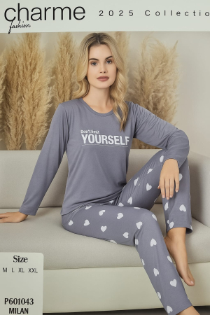 Pijamale - Pijama dama, Milan, gri cu inimioare