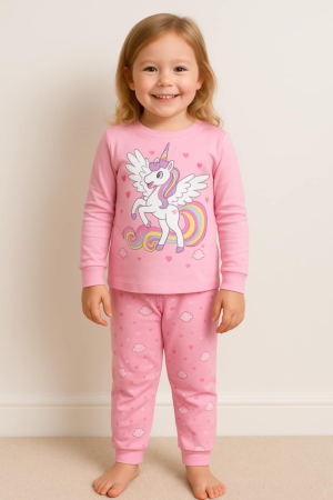 Pijamale cu lung - Pijamă fetițe din bumbac 100% – model roz cu unicorn, moale și confortabilă