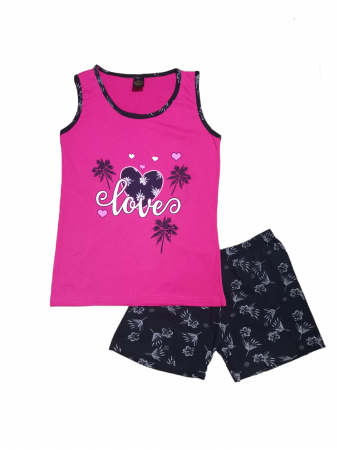 Femei - Pijama dama din bumbac maiou si pantalon scurt, roz cu imprimeu