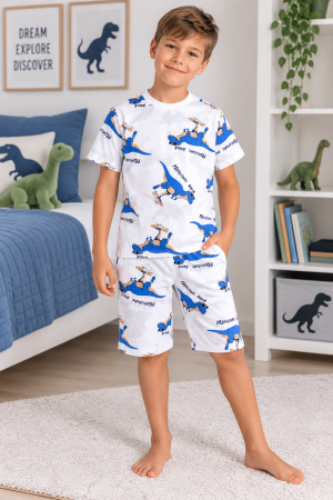 Copii - Pijama băieți cu dinozauri, tricou și pantaloni scurți – Alb/Albastru