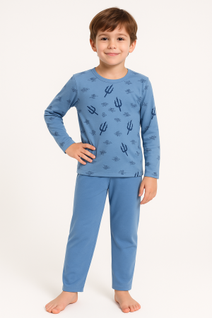 Copii - Pijama baieti din bumbac, albastru cu imprimeu
