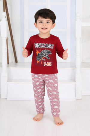 Pijama bebe - Pijama băieți din bumbac, cu dinozauri, vișiniu