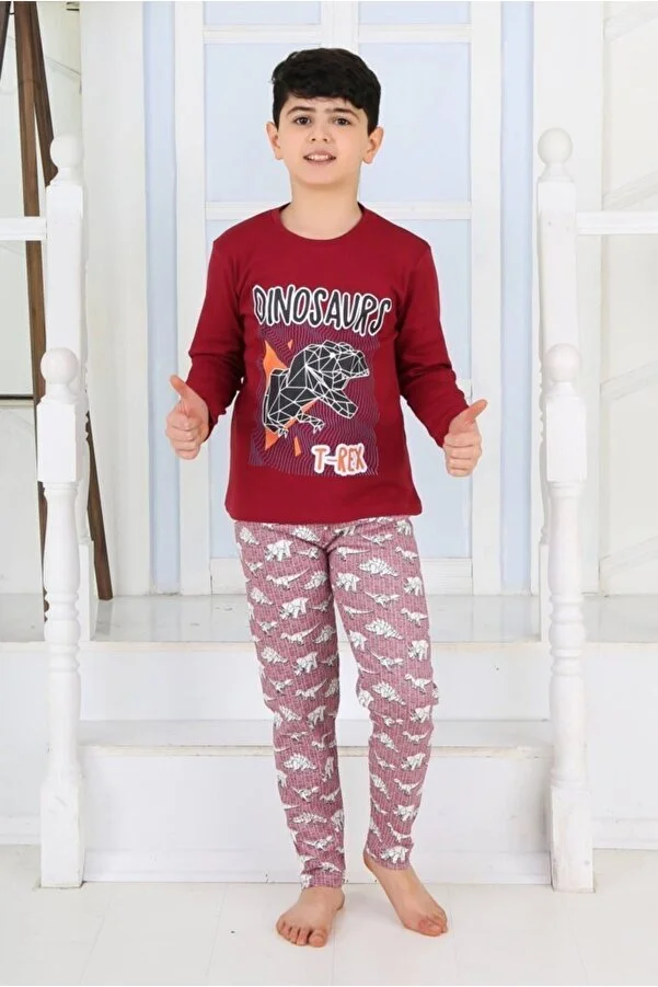 Pijamale cu lung - Pijama băieți din bumbac, cu dinozauri, vișiniu