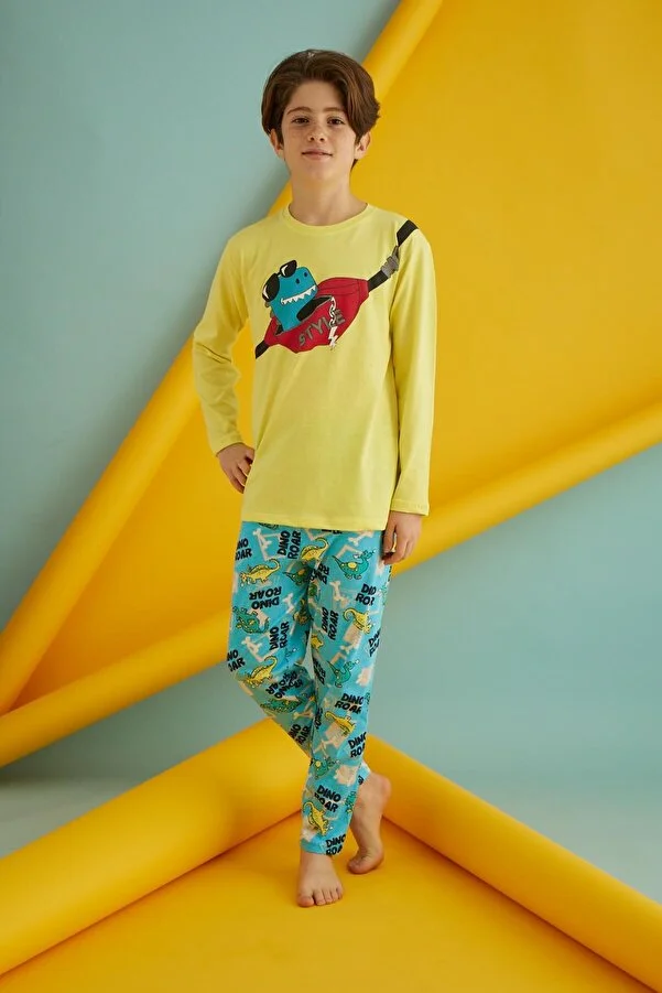 Pijamale cu lung - Pijama băieți din bumbac, galben cu albastru