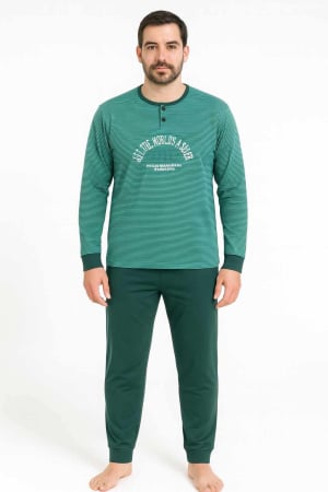 Pijamale - Pijama bărbați din bumbac – model albastru cu mânecă lungă