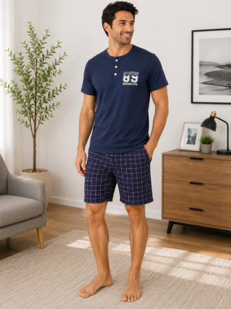 Pijamale - Pijama bărbătească bleumarin cu pantaloni în carouri – Bumbac 100%