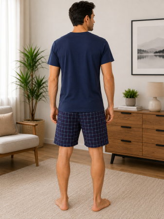 Pijama bărbătească bleumarin cu pantaloni în carouri – Bumbac 100% [1]