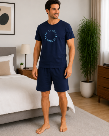 Pijamale - Pijama bărbătească de vară din bumbac, bleumarin, tricou cu imprimeu circular și pantaloni scurți
