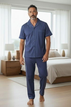 Pijamale - Pijama bărbătească din bumbac 100% – Set confortabil cu bluză cu nasturi, culoare albastru elegant
