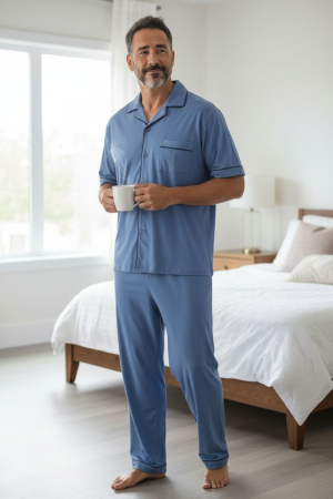Pijamale - Pijama bărbătească din bumbac 100% – Set confortabil cu bluză cu nasturi, culoare albastru elegant