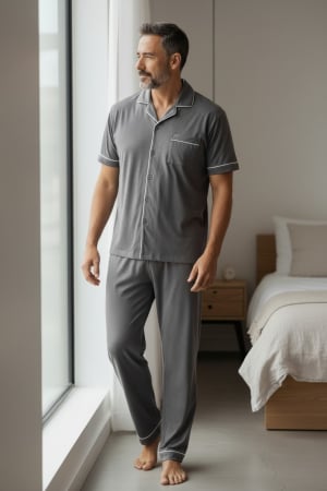 Pijama cu Tricou si Pantaloni lungi - Pijama bărbătească din bumbac 100% – Set confortabil cu bluză cu nasturi, culoare albastru elegant