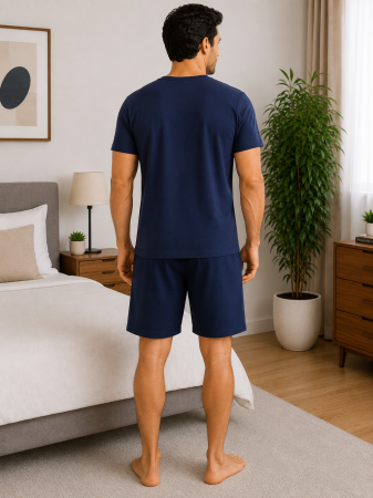 Pijama bărbătească din bumbac cu imprimeu Brooklyn, tricou bleumarin și pantaloni scurți bleumarin [1]