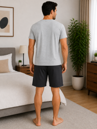 Pijama bărbătească din bumbac cu imprimeu „Time to Bed”, tricou gri și pantaloni scurți negri [1]