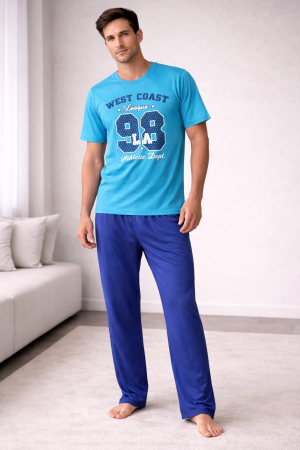 Barbati - Pijama bărbătească din bumbac “West Coast 98” – Turcoaz & Albastru