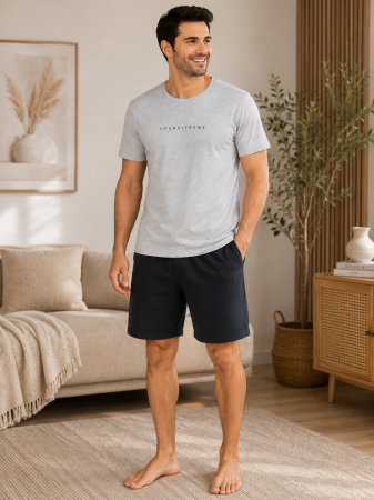 Pijamale - Pijama bărbătească scurtă din bumbac 100% – Tricou gri "YOUREITREME" și pantaloni scurți negri