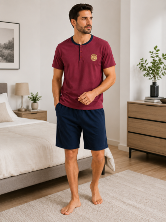 Pijamale - Pijama Bărbați Bordo & Bleumarin – 100% Bumbac, Tricou cu Nasturi și Pantalon Scurt