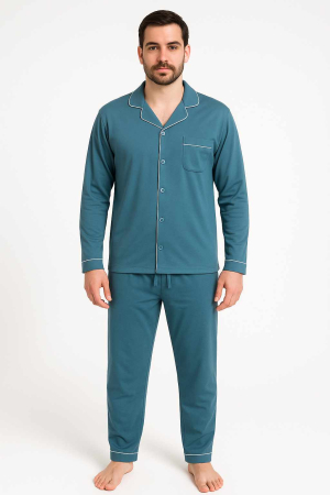 Pijamale cu nasturi - Pijama bărbați din bumbac cu nasturi, Bleumarin