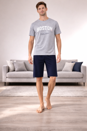 Barbati - Pijama bărbați din bumbac gri & albastru – Set tricou „Boston” și pantaloni 3/4