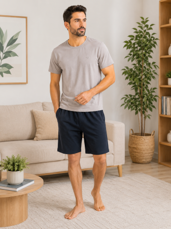 Barbati - Pijama Bărbați Guava Homewear Bej & Bleumarin – 100% Bumbac Premium, Tricou și Pantalon Scurt