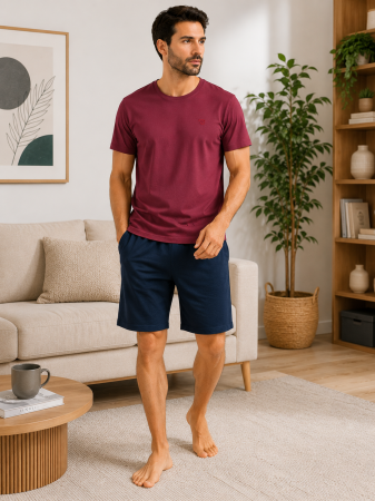 Barbati - Pijama Bărbați Guava Homewear Bordo & Bleumarin – 100% Bumbac Premium, Tricou și Pantalon Scurt