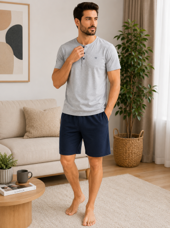 Barbati - Pijama Bărbați Guava Homewear Gri Melanj & Bleumarin – 100% Bumbac Premium, Tricou cu Nasturi și Pantalon Scurt