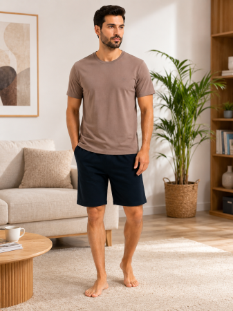 Barbati - Pijama Bărbați Guava Homewear Maro & Bleumarin – 100% Bumbac Premium, Tricou și Pantalon Scurt