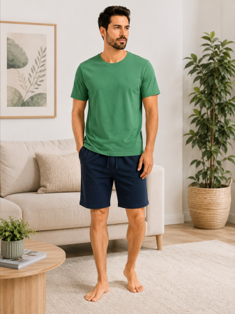 Barbati - Pijama Bărbați Guava Homewear Verde & Bleumarin – 100% Bumbac Premium, Tricou și Pantalon Scurt