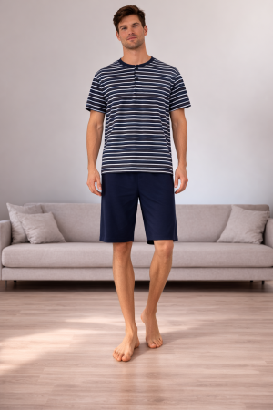 Barbati - Pijama bărbați mărimi mari din bumbac – Set bleumarin cu tricou în dungi și pantaloni 3/4