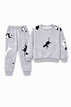 Băieți - Pijama copii din catifea gri cu imprimeu animale – set bluza și pantaloni