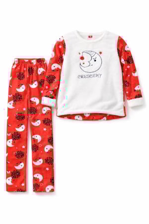 Fete - Pijama copii din material pufos – Set 2 piese cu imprimeu lună, roșu/alb