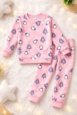 Fete - Pijama copii din polar roz cu imprimeu iarnă – set 2 piese, călduroasă și confortabilă