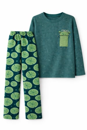 Băieți - Pijama copii din polar, verde, cu imprimeu broscuță – set 2 piese