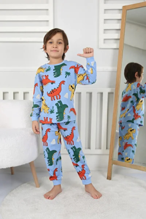 Pijamale - Pijama cu dinozauri, albastru, 100% bumbac