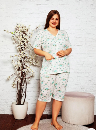 Pijama dama cu nasturi, verde, tricou si pantalon 3/4, marime mare [1]