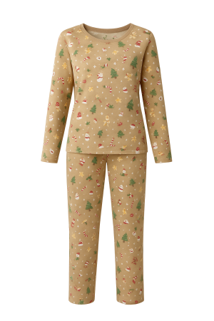 Pijamale Catifea si Cocolino - Pijama damă bej cu imprimeu de Crăciun – set confortabil din bumbac moale, cu mânecă lungă