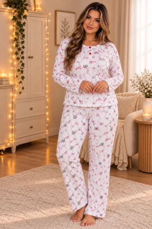 Femei - Pijama damă cu mânecă lungă și pantaloni lungi, imprimeu floral roz, mărimi mari