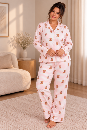 Femei - Pijama damă cu nasturi, pantaloni lungi și imprimeu ursuleți – Roz pudrat
