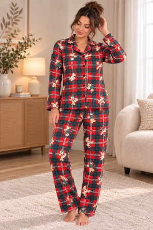 Femei - Pijama damă de iarnă, cu nasturi, imprimeu în carouri și ursuleți, roșu-verde