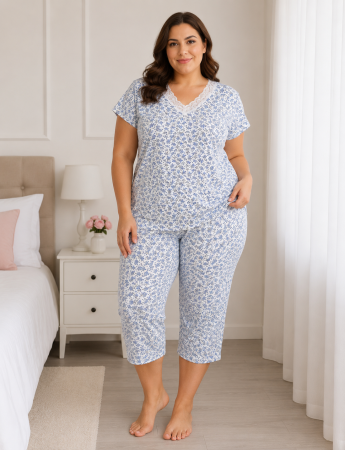 Pijama - Pijama damă din bumbac 100% cu imprimeu floral albastru, tricou cu mânecă scurtă și pantaloni 3/4
