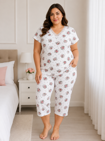Pijama - Pijama damă din bumbac 100% cu imprimeu floral romantic, tricou cu mânecă scurtă și pantaloni 3/4