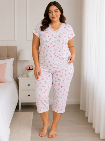 Pijama - Pijama damă din bumbac 100% cu imprimeu floral roz, tricou cu mânecă scurtă și pantaloni 3/4