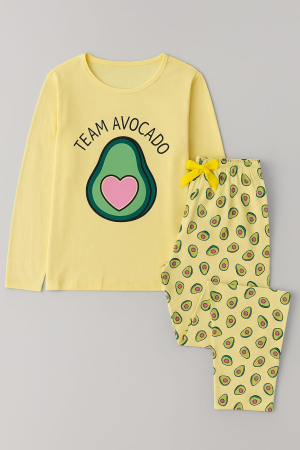 Pijamale - Pijama dama din bumbac 100%, model galben cu Avocado