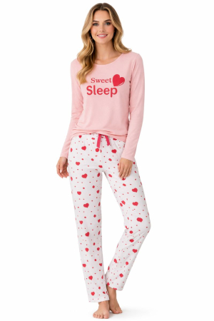 Pijamale - Pijama damă din bumbac „Sweet Sleep” – roz, cu imprimeu inimioare
