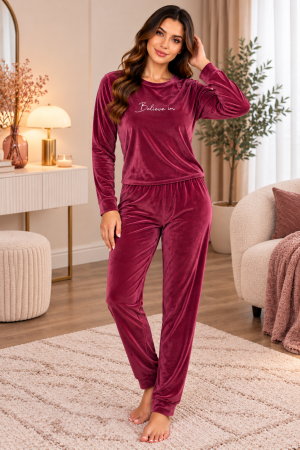 Femei - Pijama damă din catifea, bluză cu mânecă lungă și pantaloni lungi cu manșete – Vișiniu