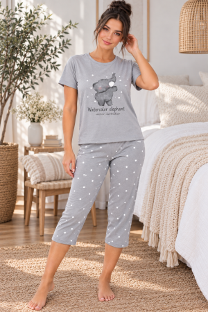 Femei - Pijama damă gri , tricou cu imprimeu cu elefant și pantaloni 3/4  cu imprimeu cu buline