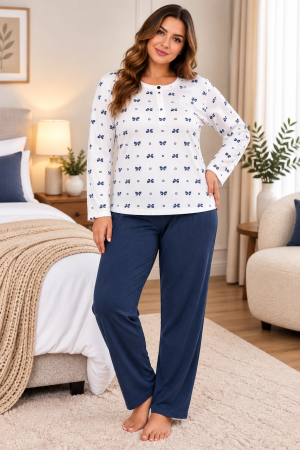 Femei - Pijama damă mărimi mari din șuet – alb cu fundițe bleumarin și pantaloni bleumarin