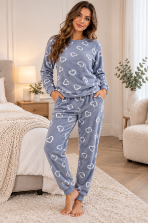 Pijamale lungi - Pijama damă gri pufoasă cu inimioare și pantaloni cu buzunare