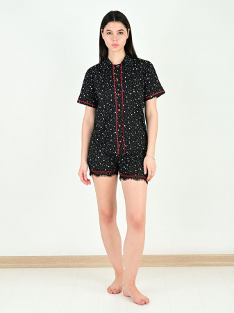 Pijamale - Pijama dama tricou și pantalon scurt negru cu alb, model cu nasturi